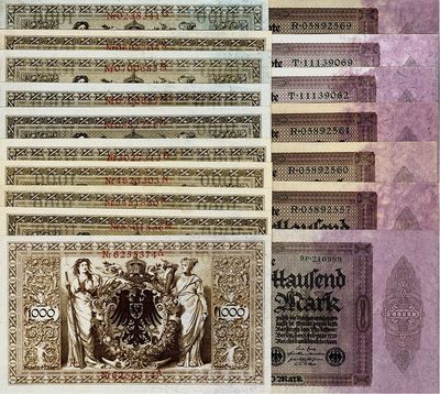 德國老馬克共17枚，詳分：1910年1000馬克共10枚，1923年100000馬克共7枚，均為全新品相