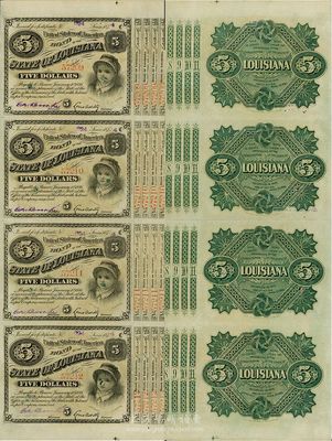 1874年美國路易斯安那州5元聯體鈔共4枚一版，八五成新