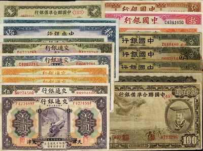 民國紙幣20種，詳分：中國銀行1926年上海伍圓領券加字不同4枚，1931年天津伍圓小簽名，1940年拾圓、重慶伍拾圓；交通銀行1914年天津壹圓、上海伍圓，1927年山東壹圓、伍圓、煙臺壹圓、上海伍圓，1935年伍圓；中央銀行1936年德納羅拾圓、1947年上海廠壹萬圓；中國聯合準備銀行1938年壹角、小龍壹百圓，孔子大殿壹圓、雙鳳伍百圓；除1枚有破損外，其余約六至八成新，敬