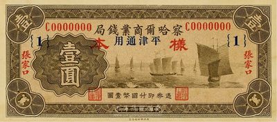 民國廿二年（1933年）察哈爾商業(yè)錢局壹圓樣本券，張家口·平津通用地名，正背共2枚，九八成新
