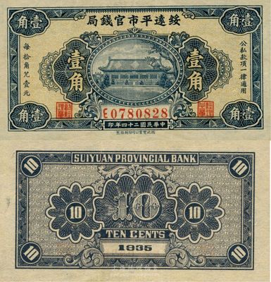 民國(guó)二十四年（1935年）綏遠(yuǎn)平市官錢(qián)局壹角，難得之上佳品相，臺(tái)灣前輩藏家出品，九成新