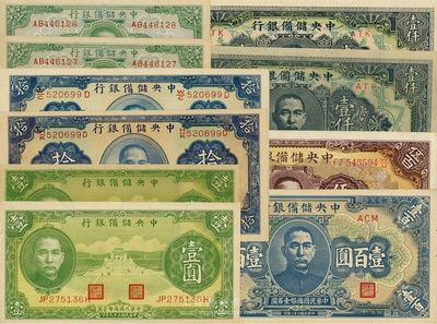 中央儲備銀行紙幣一組共10枚，詳分：1940年綠壹圓2枚、拾圓黑簽名2枚；1943年壹圓2枚、藍色壹百圓、長號長框伍百圓；1944年長框短號壹仟圓2枚；品相上佳，九六至全新
