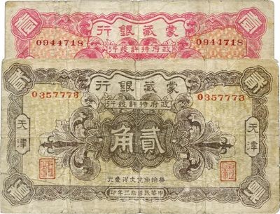 民國拾三年（1924年）蒙藏銀行壹角、貳角共2枚全套，天津地名，七成新