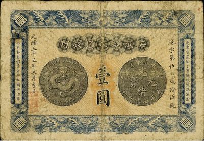 光緒三十三年（1907年）安徽裕皖官錢局壹圓，品相自然、圖文清楚，七五成新