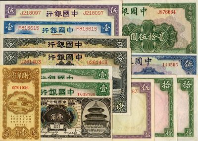 中國銀行紙幣共13種不同，詳分：1918年哈爾濱改上海壹角，1925年上海壹角，1935年伍圓單字軌、雙字軌2枚，1936年壹圓單字軌、雙字軌2枚，1937年壹圓、伍圓單字軌和雙字軌、拾圓單字軌和雙字軌，1940年伍圓無字軌、貳拾伍圓單字軌；好品相，九五至全新