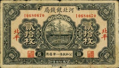 民國二十四年（1935年）河北銀錢局貳拾枚，北平地名，此年份少見（一般所見均為民國25年版），七成新