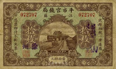 民國十三年（1924年）江蘇平市官錢局拾枚，徐州地名，臺灣藏家出品，自然七成新