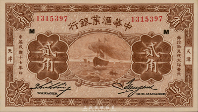 民國十七年（1928年）中華匯業銀行貳角，天津地名，森本勇先生藏品，九八成新