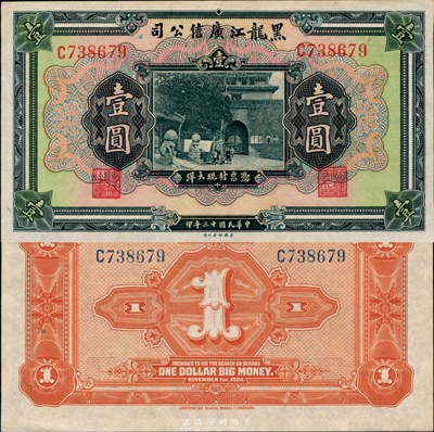 民國十三年（1924年）黑龍江廣信公司現大洋券壹圓，森本勇先生藏品，未折九五成新