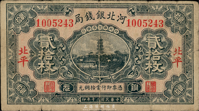 民國二十年（1931年）河北銀錢局銅元貳拾枚，北平地名，此年份較少見；森本勇先生藏品，七成新