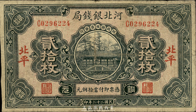 民國二十二年（1933年）河北銀錢局銅元貳拾枚，北平地名，此年份較少見；森本勇先生藏品，七成新