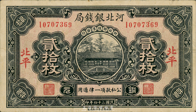 民國二十四年（1935年）河北銀錢局銅元貳拾枚，北平地名，此年份略少見；森本勇先生藏品，八成新