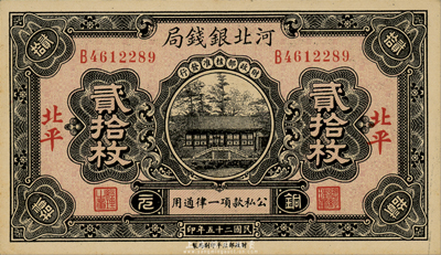 民國二十五年（1936年）河北銀錢局銅元貳拾枚，北平地名，森本勇先生藏品，全新