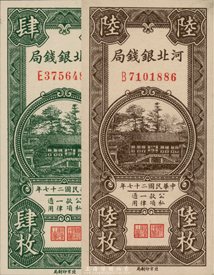 民國二十七年（1938年）河北銀錢局銅元肆枚、陸枚共2枚全套，森本勇先生藏品，全新