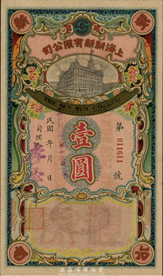 民國廿七年（1938年）上海新新有限公司禮券壹圓，上印新新大樓圖，此乃老上海四大百貨公司之一；香港集趣堂藏品，少見，九五成新