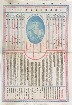 民國三年（1914年）交通銀行大型月份牌一張，上印袁世凱戎裝像及其生平略傳，另有交通銀行廣告等，罕見品，保存尚可，敬請預覽