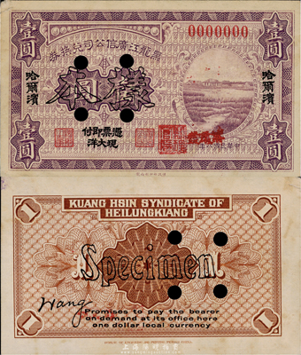 民國八年（1919年）黑龍江廣信公司兌換券現大洋壹圓樣本，哈爾濱地名，東北藏家出品，少見，中未折九成新
