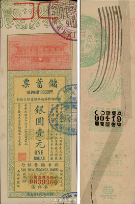 老彩票2種，詳分：1911年奏辦四川彩票，有修補，六成新；（財政部特許新華儲蓄銀行）儲蓄票1915年銀圓壹元，八成新