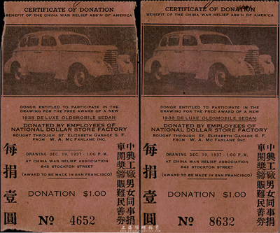 1937年（美國三藩市）中興工廠男女同事捐車開獎籌賑難民善券壹圓共2枚，均背蓋旅美華僑統一義捐救國總會章印；此種華僑捐助之抗日彩票未見經傳，值得研究和重視，七至八成新