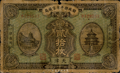 民國十二年（1923年）財政部平市官錢局銅元貳拾枚，天津地名，少見版式，近六成新