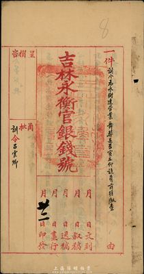 民國六年（1917年）吉林永衡官銀錢號“訓令”一件，由署理吉林財政廳長兼永衡官銀錢號督辦等簽署；臺灣藏家出品，保存甚佳，敬請預覽