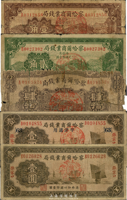 察哈爾商業錢局紙幣5種，詳分：1933年張家口壹圓、張家口·平津通用壹圓，1935年肆拾枚、壹角、貳角；此5種正面均加蓋“懷來·察南銀行監理官”戳記，屬日偽政權發行，少見，五至八成新，敬請預覽