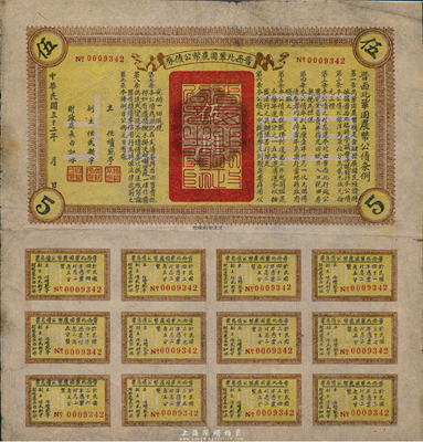 民國三十二年（1943年）晉西北鞏固農幣公債券伍圓，抗戰時期山西解放區發行，附帶有完整息票，七五成新
