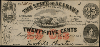 1863年（美國）亞拉巴馬州(Alabama)政府25美分，華僑前輩藏家出品，九八成新