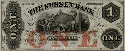18xx年（新澤西州）蘇塞克斯銀行(Sussex Bank)1美元，美國早期商業銀行紙幣，華僑前輩藏家出品，全新