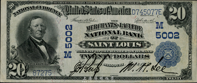 美國國家銀行券(National Currency)1915年20美元，由密蘇里州圣路易斯的拉克利德招商國民銀行(Merchants-Laclede National Bank)領用發行，早期版大型尺寸，華僑前輩藏家出品，少見，八成新