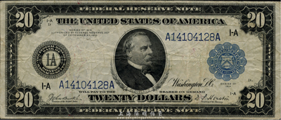 美國聯邦儲備券(Federal Reserve Notes)1914年20美元，庫印為波士頓(Boston)發行；早期版大型尺寸，華僑前輩藏家出品，八成新