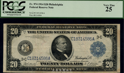 美國聯邦儲備券(Federal Reserve Notes)1914年20美元，庫印為費城(Philadelphia)發行；早期版大型尺寸，華僑前輩藏家出品，八成新