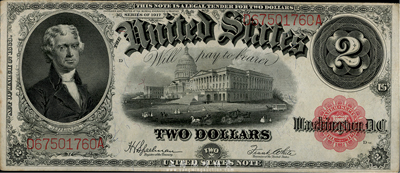 美國聯邦券(Legal Tender)1917年2美元，早期版大型尺寸，華僑前輩藏家出品，九成新