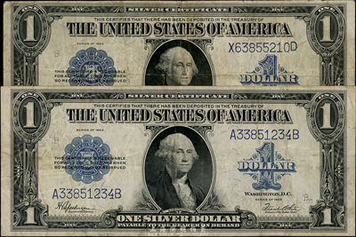 美國銀幣券(Silver Certificates)1923年1美元共2枚，早期版大型尺寸，華僑前輩藏家出品，七至八成新