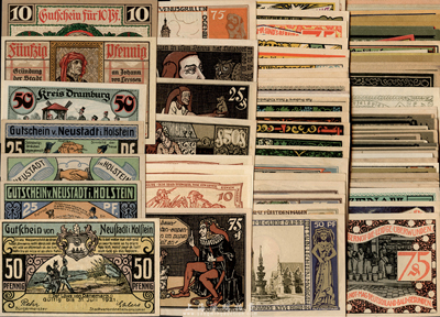 1921-23年德國緊急紙幣共100枚不同，海外藏家出品，品種豐富，圖案美觀，大體約九成至全新，敬請預覽