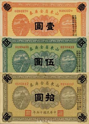民國十五年（1926年）山東省金庫券壹圓、伍圓、拾圓共3枚全套，軍閥張宗昌氏發行；森本勇先生藏品，九六成新