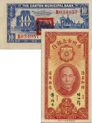 民國二十二年（1933年）廣州市立銀行壹毫，陳仲璧·許鴻文簽名，森本勇先生藏品，全新