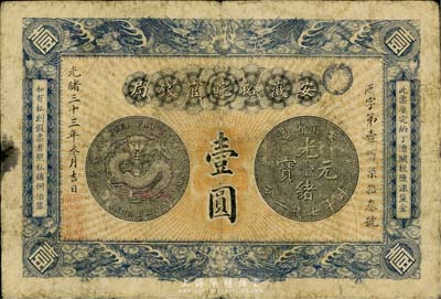 光緒三十三年（1907年）安徽裕皖官錢局壹圓，品相自然、圖文清楚，七五成新