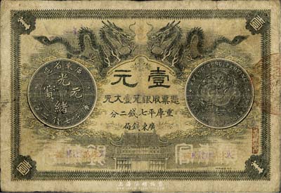 光緒三十年（1904年）廣東錢局第一版壹大元，北洋官報印，少見，七成新
