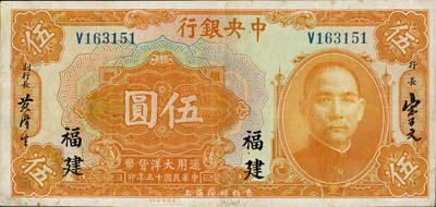 民國十五年（1926年）中央銀行大洋伍圓，福建地名，八成新