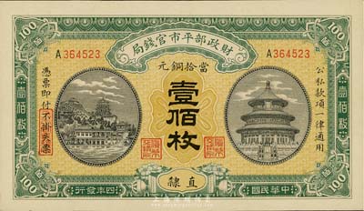 民國四年（1915年）財政部平市官錢局銅元壹佰枚，直隸地名，全新