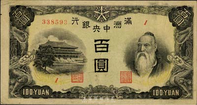 滿洲中央銀行（1945年）百圓，印有“滿洲帝國印刷局制造”版銘（俗稱“上下滿洲版”），日本回流，少見且已屬上佳品相，八成新