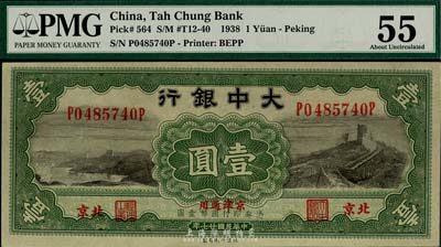 民國廿七年（1938年）大中銀行壹圓，北京地名，海外藏家出品，九六成新