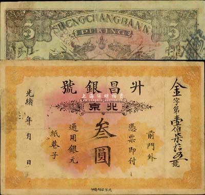 光緒年（北京）升昌銀號叁圓，址設前門外紙...