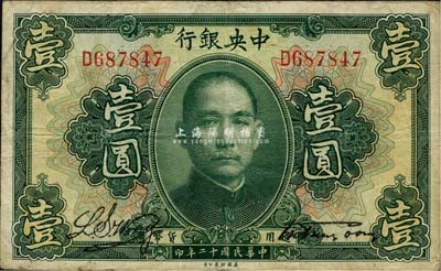 民國十二年（1923年）中央銀行綠色壹圓，單字軌，宋子文·黃隆生簽名；森本勇先生藏品，近八成新