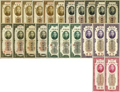 民國十九年（1930年）中央銀行關金美鈔版一組共23種不同，詳分：壹圓雙面號無字軌(李覺·林天吉簽名)、單字軌(李覺·林天吉簽名)、單字軌(李覺·黃秀峰簽名)、單字軌(李駿耀·田亦民簽名)、雙字軌(李駿耀·田亦民簽名)，單面號雙字軌(李駿耀·田亦民簽名)；伍圓雙面號無字軌(李覺·林天吉簽名)、單字軌(李覺·黃秀峰簽名)、單字軌(李駿耀·田亦民簽名)，單面號單字軌(李駿耀·田亦民