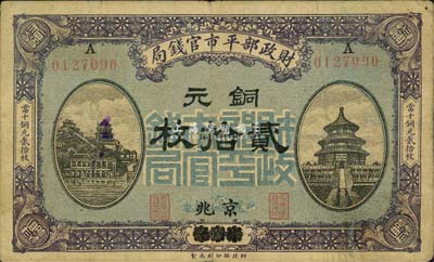 民國(guó)八年（1919年）財(cái)政部平市官錢局當(dāng)拾銅元貳拾枚，山東煙臺(tái)改京兆地名；森本勇先生藏品，七五成新