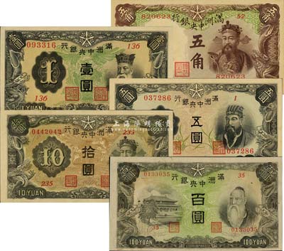 滿洲中央銀行乙號券（1935-38年）棕五角、壹圓、五圓、拾圓、綿羊圖百圓共5枚全套，森本勇先生藏品，九八至全新