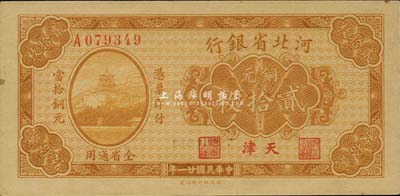 民國廿一年（1932年）河北省銀行銅元貳拾枚，天津地名，森本勇先生藏品，九八成新