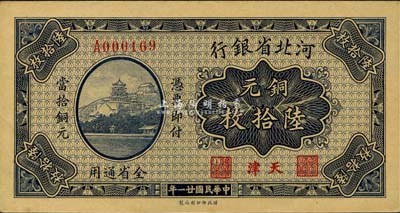民國廿一年（1932年）河北省銀行銅元陸拾枚，天津地名，森本勇先生藏品，少見，九八成新